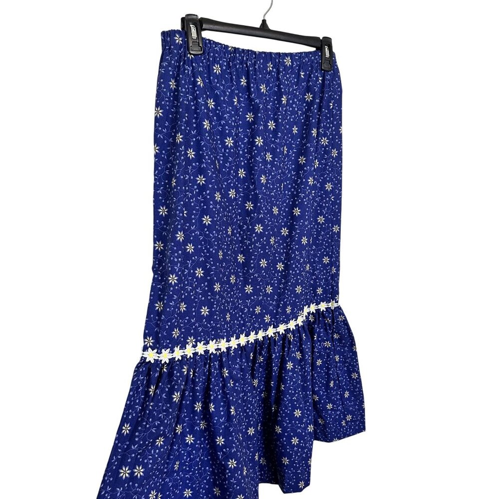 Vintage Blue Floral Ruffle Skirt Daisy Elastic Waist Womens Medium 70s Cotton